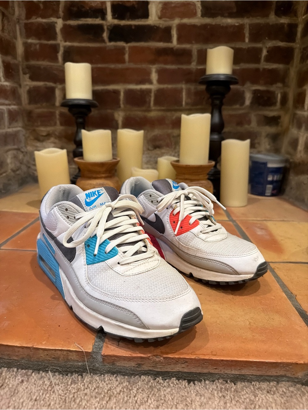 Nike Air Max 90 Retro Sneakers in White with Blue & Red Accents